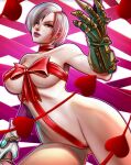  1girl alluring big_breasts blue_eyes bow breasts caucasian choker covered_breasts covered_pussy curvy eyelashes gloves hearts isabella_valentine ivy_valentine legs looking_at_viewer mostly_nude parted_lips rankgo revealing_clothes ribbon robotic_arm sexy soul_calibur standing stomach thick thick_thighs toned valentine&#039;s_day white_hair wide_hips 