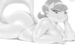 1girl bedroom_eyes big_breasts breast_squish breasts butt cat chubby feline female greyscale looking_at_viewer mammal milf monochrome mother mrs._katswell nude on_stomach parent pinup pose solo sunibee t.u.f.f._puppy