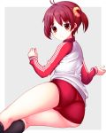 1_girl 1girl art ass blush brown_eyes buruma female gym_uniform isshiki_akane looking_at_viewer looking_back neuron_(exceed) red_hair short_hair smile solo track_jacket twintails vividred_operation