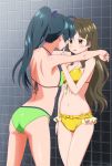 2_girls 2girls against_wall art ass bikini blush bow bow_bikini brown_eyes brown_hair cap_(artist) cap_(dkdm-d) eye_contact female friends green_bikini green_hair hairclip halterneck hug long_hair looking_at_another love midriff multiple_girls navel open_mouth ponytail saegusa_wakaba shinomiya_himawari standing swimsuit vividred_operation yellow_bikini yuri