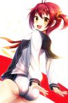 1_girl 1girl :d art ass buruma female halftone highres isshiki_akane looking_back open_mouth red_eyes red_hair sailor_collar sakura_ani school_uniform short_hair short_twintails sitting smile solo twintails vividred_operation