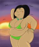  bbw beach bikini bird black_hair blush bracelet breasts cleavage closed_eyes jewelry necklace ocean seagulls short_hair smile solo string_bikini sun sunset timoteihiv 