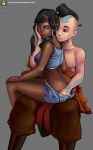 aang ass ass_crack ass_grab avatar:_the_last_airbender black_hair blue_eyes brown_eyes dark-skinned_female dark_skin groping interracial korra looking_back male/female ponytail shiny shiny_skin shorts smile tattoo the_legend_of_korra the_legend_of_korra* twin_tails