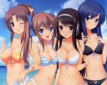  4girls :d ;d bare_shoulders bikini black_bikini black_hair blue_eyes blue_hair blue_sky blush breast_press breasts brown_eyes brown_hair cleavage frilled_bikini frills front-tie_top green_eyes hair_ribbon kisaragi_myau large_breasts long_hair looking_at_viewer manahime_honoka mochizuki_nozomu multiple_girls nanami_shion navel neon_(seifuku_tenshi) o-ring o-ring_bottom one_eye_closed open_mouth outdoors ponytail ribbon sarong seifuku_tenshi shiny_skin side-tie_bikini_bottom sidelocks sky small_breasts smile string_bikini striped striped_bikini swimsuit thigh_gap twin_tails twintails v white_bikini white_sarong wink 