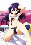  1_girl 1girl absurdres adjusting_hair arm arm_support arm_up armpits arms art ball bare_legs bare_shoulders barefoot beachball bikini black_bikini black_hair bracelet breasts clothes_lift d: earrings female hair_between_eyes highres jewelry kouno_megumi kuroki_rei long_hair looking_at_viewer lotion medium_breasts megami_magazine navel o-ring o-ring_bikini o-ring_bottom o-ring_top official_art open_mouth parted_lips purple_eyes purple_hair ruffling_hair scan shirt_lift sitting solo strap_slip sunscreen swimsuit towel vividred_operation 