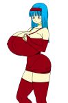 beautiful blue_eyes blue_hair blush bra_briefs breasts cute dragon_ball dragon_ball_gt female gigantic_breasts legs long_hair solo thighs tight_skirt toshiso_(artist)