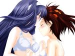 2girls adosan art blue_hair blush bra brown_hair closed_eyes female forehead_kiss friends futaba_aoi_(vividred_operation) hair hand_holding interlocked_fingers isshiki_akane kiss long_hair multiple_girls short_hair twintails underwear underwear_only vividred_operation yuri