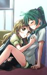  2girls 3: :o art bad_id blush brown_eyes brown_hair casual closed_eyes couple female friends green_hair hair hair_ornament hairclip long_hair long_legs multiple_girls necktie niina_ryou nipple_tweak ponytail saegusa_wakaba shinomiya_himawari sitting vividred_operation wariza yuri 