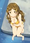 1_girl 1girl :o art bare_shoulders barefoot bikini breasts brown_eyes brown_hair cleavage feet female foreshortening from_above front-tie_top hair_ornament hairclip long_hair looking_at_viewer looking_up navel shinomiya_himawari sitting solo swimsuit takayaki toes vividred_operation water yellow_bikini