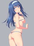 1_girl 1girl :o art ass bikini blue_eyes blue_hair blush breasts erect_nipples female full-face_blush futaba_aoi_(vividred_operation) hairband highres jpeg_artifacts long_hair looking_back michairu micro_bikini nipples shiny shiny_skin sideboob solo standing strap_gap swimsuit thong thong_bikini vividred_operation