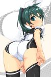  1_girl 1girl adjusting_clothes adjusting_legwear aqua_eyes art ass bent_over blush cameltoe commentary_request female green_eyes green_hair halftone halftone_background hands highres k10k looking_back national_shin_ooshima_school_uniform ponytail saegusa_wakaba school_uniform serafuku solo thighhighs vividred_operation zoom_layer 