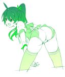 1_girl 1girl art ass bent_over female green long_hair mizuki_makoto monochrome open_mouth ponytail saegusa_wakaba school_uniform simple_background smile solo thighhighs trefoil vividred_operation