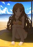 1girl bad_id bad_pixiv_id barefoot beach beach_towel bikini blonde_hair blush breasts cleavage cloud curly_hair day hair_ornament hairclip highres hugging_own_legs large_breasts long_hair looking_at_viewer nekobaka outdoors shade shinomiya_himawari sitting sky smile solo swimsuit towel vividred_operation wavy_hair yellow_bikini yellow_eyes