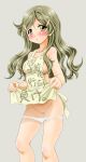  1_girl 1girl apron art blush breasts brown_eyes brown_hair clothes_writing female highres long_hair looking_at_viewer naked_apron panties panty_pull pussy shinomiya_himawari solo standing sweat uncensored underwear vividred_operation yoshitani_motoka 