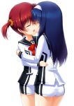  2girls art ass bad_id blue_hair blush brown_hair closed_eyes female friends futaba_aoi_(vividred_operation) hair hug incipient_kiss isshiki_akane kiss long_hair love mocchi multiple_girls open_mouth school_uniform serafuku short_hair short_shorts shorts twintails vividred_operation yuri 