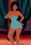 1girl aladdin_(series) alluring arabian bare_legs big_breasts bimbo black_hair breasts brown_eyes cleavage dark-skinned_female dark_skin disney earrings eyeshadow female_only half-closed_eyes hips human inusen lipstick long_hair looking_at_viewer makeup naked_towel necklace piercing princess_jasmine source_request text towel very_long_hair voluptuous watermark