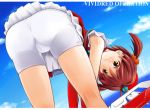  1_girl 1girl ass bike_shorts brown_eyes brown_hair commentary_request isshiki_akane palette_suit short_shorts shorts solo vividred_operation white_shorts yakuta_tetsuya 