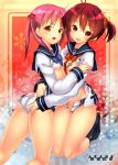  2_girls 2girls art ass ass_grab bra breasts brown_eyes brown_hair female hug isshiki_akane isshiki_momo kagutsuchi_(l&#039;archange) kneeling long_hair looking_at_viewer multiple_girls open_clothes open_shorts pink_hair school_uniform shirt_lift short_hair short_shorts shorts siblings sisters thighs twintails unbuttoned underwear vividred_operation yuri 