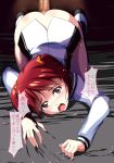 1girl ass blush brown_eyes censored clothed_sex hentai iga_(nonono_tsuushin) isshiki_akane koyasugai no_panties open_mouth porn red_hair saliva sex text top-down_bottom-up vividred_operation