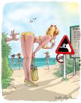 ass bag beach bent_over bikini bird black_hair blonde_hair blue_eyes book dean_yeagle female funny long_hair lotion male mandy_(dean_yeagle) ocean polka_dot_bikini ribbon seagulls side-tie_bikini sunglasses twin_tails