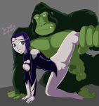 1boy 1girl beast_boy beastiality blue_eyes blue_hair bottomless breasts duo english_text female feral fur gorilla green_fur hair hetero human interspecies just_the_tip male mezz penis plain_background primate pussy raven_(dc) smile spread_legs spreading sweat teen_titans testicles text white_eyes