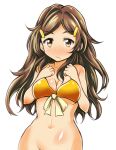 1_girl 1girl :/ art bikini bikini_top blush bottomless bow breasts brown_eyes brown_hair cleavage female groin hair_ornament hairclip large_breasts long_hair looking_at_viewer mound_of_venus navel out-of-frame_censoring shinomiya_himawari solo swimsuit tom_(drpow) underboob vividred_operation