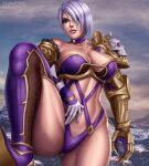 1girl alluring armlet armor artist_logo artist_name ass big_breasts blue_eyes breasts cleavage female_only flowerxl front_view gloves high_heels isabella_valentine legs_apart looking_at_viewer mountains pale-skinned_female pink_lipstick purple_boots revealing_armor skimpy skimpy_armor skimpy_clothes soul_calibur soul_calibur_ii soul_calibur_iii soul_calibur_vi thick_female thick_thighs video_game_character white_hair wide_hips