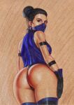 1girl adjusting_clothes ass ass_focus ass_shake beautiful blue_dress dat_ass earrings edithemad eyelashes gloves hand_on_ass kitana looking_back looking_back_at_viewer makeup mask mortal_kombat mortal_kombat_3 ninja princess seductive_look seductive_pose thick_thighs thighs tied_hair