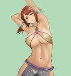 1girl armlet armpits arms_up big_breasts breasts brown_eyes brown_hair christie_monteiro cleavage green_background halterneck hip_vent instagram long_hair namco navel ponytail shiyukidraws simple_background smile stretching tekken tekken_4 tekken_5_dark_resurrection tekken_tag_tournament_2 upper_body