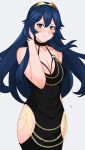  1girl 1girl 1girl absurd_res alluring alternate_costume arm_behind_head artist_name bare_shoulders black_dress blue_eyes blue_hair brand_of_the_exalt cleavage_cutout clothing_cutout dress female_only fire_emblem fire_emblem_awakening halterneck high_res hip_vent kgctcg long_hair looking_at_viewer lucina lucina_(fire_emblem) meme_attire modakawa_dress nintendo o-ring o-ring_dress small_breasts 