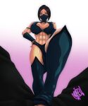  beautiful big black_hair boots breasts breasts_grab brown_eyes cleavage eyelashes flushed hand_on_waist high_heels kitana mask mortal_kombat muscular muscular_female nonoise666 princess sexy_legs shy waist_grab 