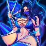 adjusting_clothes angry angry_face big_breasts black_hair breasts brown_eyes cleavage earrings eyelashes huge_breasts kitana long_hair looking_at_viewer mask mortal_kombat mortal_kombat_(2011) nail_polish nails princess sexy_pose theartofmathew thick_thighs thighs tiara