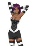 1_girl arm armpits arms arms_behind_head arms_up art artist_request babe bare_shoulders big_breasts black_dress bleach breasts cleavage collarbone dark_skin dress elbow_gloves female gloves half-closed_eyes legs legwear looking_at_viewer naughty_face purple_hair shihouin_yoruichi shiny shiny_skin short_hair skirt smile solo standing stockings strapless strapless_dress striped striped_elbow_gloves striped_legwear striped_thighhighs white_dress yellow_eyes