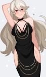  1girl absurd_res alluring alternate_costume arm_behind_head artist_name bare_shoulders black_dress cleavage cleavage_cutout clothing_cutout corrin_(fire_emblem) corrin_(fire_emblem)_(female) dress female_only fire_emblem fire_emblem_fates grey_hair halterneck high_res hip_vent kgctcg looking_at_viewer medium_breasts meme_attire modakawa_dress nintendo pointy_ears red_eyes smile thighs 