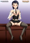 1girl ass bare_legs bare_shoulders bbmbbf belly best_student_council black_hair black_high_heels black_legwear blush breasts brown_eyes buttons cleft_of_venus clitoris desk erect_nipples female_focus female_human female_only gokujou_seitokai hair_clip hair_ornament hair_pin hairclip hairpin high_heels high_res ichikawa_mayura looking_at_viewer navel nipples no_bra no_panties on_desk open_clothes open_shirt palcomix pietro's_secret_club purple_background pussy revealing_clothes short_hair sitting sitting_on_desk sleeveless small_breasts smile solo_female solo_focus stockings stomach thick_thighs thighs tied