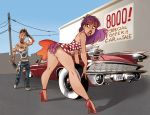 brown_eyes brown_hair car dress dress_lift embarrassing female frilly_panties funny high_heels lipstick long_hair looking_back male oil panties pedro_perez purple_eyes purple_hair purple_panties red_lipstick short_hair smile surprise wind