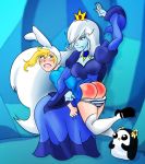 2girls adventure_time animal_ears animal_hat ass big_ass blonde_hair blue_eyes blue_skin bunny_ears crown fionna_the_human ice_queen loloasd long_hair open_mouth penguin red_ass shoes socks spank spanked spanking striped_panties thighhigh white_hair white_legwear yuri