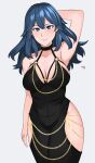  1girl absurd_res alternate_costume arm_behind_head artist_name bare_shoulders big_breasts black_dress blue_eyes blush byleth_(fire_emblem) byleth_(fire_emblem)_(female) cleavage_cutout clothing_cutout dress fire_emblem fire_emblem:_three_houses garreg_mach_monastery_uniform halterneck high_res hip_vent kgctcg long_hair looking_at_viewer meme_attire modakawa_dress multiple_boys multiple_girls nintendo o-ring o-ring_dress small_breasts smile solo_focus teal_hair thumbs_up upside-down 