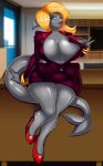  1girl 1girl anthro bayeuxman beauty_mark big_breasts bottomwear breasts clothing detailed_background fish footwear furry high_heels high_res marine mature_female miniskirt nipple_outline non-mammal_breasts panties shark shoes skirt teasing tisinrei underwear wide_hips 