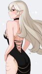  1girl 1girl 1girl absurd_res alluring alternate_costume artist_name ass back back_view backless_outfit bare_back bare_shoulders big_ass black_dress corrin_(fire_emblem) corrin_(fire_emblem)_(female) dress female_only fire_emblem fire_emblem_fates from_behind grey_hair halterneck high_res hip_vent kgctcg looking_at_viewer medium_breasts meme_attire modakawa_dress nintendo pointy_ears red_eyes sideboob smile 