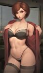 1girl big_breasts black_lingerie bra breasts brown_eyes brown_hair disney female female_only g-string hartman_hips helen_parr light-skinned_female light_skin lingerie long_hair mature_female meekohopanes milf pixar short_hair stockings straight_hair the_incredibles undressing