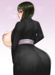 1girl ass big_ass black_hair breasts_outside clothing female_only from_behind fully_clothed huge_ass huge_breasts kimono lips long_hair looking_at_viewer makeup milileonaorochi mole naruto naruto_shippuden open_clothes shizune sideboob trembling voluptuous