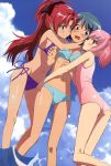 3girls art artist_request bare_shoulders beach bikini blush female hugging kaname_madoka kyouko_sakura madoka_kaname mahou_shoujo_madoka_magica midriff miki_sayaka multiple_girls navel one-piece_swimsuit open_mouth sakura_kyouko sayaka_miki side-tie_bikini sky standing summer swimsuit tagme threesome water yuri