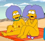 2girls afro bbw beach big_breasts black_eyes breasts chainmale cover_up covering_breasts ear_piercing earrings embarrassing eyelashes glasses multiple_girls necklace nipples nude patty_bouvier piercing pussy selma_bouvier smile sunglasses surprise tan tan_line the_simpsons towel twins yellow_skin