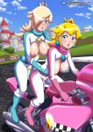 2_girls bbmbbf blonde_hair blue_eyes blush bodysuit breast_grab breasts crown dildo dildo_in_pussy earrings exposed_breasts exposed_pussy female_only mario_(series) mario_kart motorcycle neckerchief nintendo nipples open_mouth palcomix princess_peach princess_rosalina pussy pussy_juice sky super_mario_bros. yuri yuri_haven