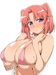 1girl bikini blush breast_hold breast_squeeze breasts chikuishi cleavage female_focus female_only huge_breasts long_hair mikakunin_de_shinkoukei pink_hair short_hair simple_background solo_female solo_focus sweat tagme yonomori_kobeni