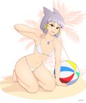 1girl alluring alternate_costume bare_legs beach bikini breasts cat_ears cat_girl female_focus female_only gray_hair grey_hair lackatask looking_at_viewer medium_breasts nia nia_(xenoblade) nintendo short_hair swimsuit white_bikini xenoblade_(series) xenoblade_chronicles_2 yellow_eyes