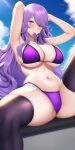 1girl 1girl 1girl alluring bikini breasts camilla_(fire_emblem) female_only fire_emblem fire_emblem_fates lavender_eyes lavender_hair legwear nintendo outside phantomtobi