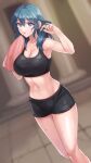 1girl absurd_res alluring bare_shoulders big_breasts black_shorts blue_eyes blurry blurry_background byleth_(fire_emblem) byleth_(fire_emblem)_(female) cleavage commentary crop_top feet_out_of_frame female_only fire_emblem fire_emblem:_three_houses hands_up hazuki_(nyorosuke) high_res long_hair looking_at_viewer midriff navel nintendo parted_lips short_shorts shorts sports_bra standing stomach teal_hair thighs towel