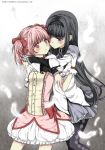  2_girls 2girls akemi_homura anakris art artist_request black_hair blush cheek-to-cheek eye_contact feathers female gloves hairband homura_akemi hug hug_from_behind kaname_madoka long_hair looking_at_another madoka_kaname magical_girl mahou_shoujo_madoka_magica multiple_girls pantyhose pink_eyes pink_hair purple_eyes short_hair twintails white_gloves yuri 